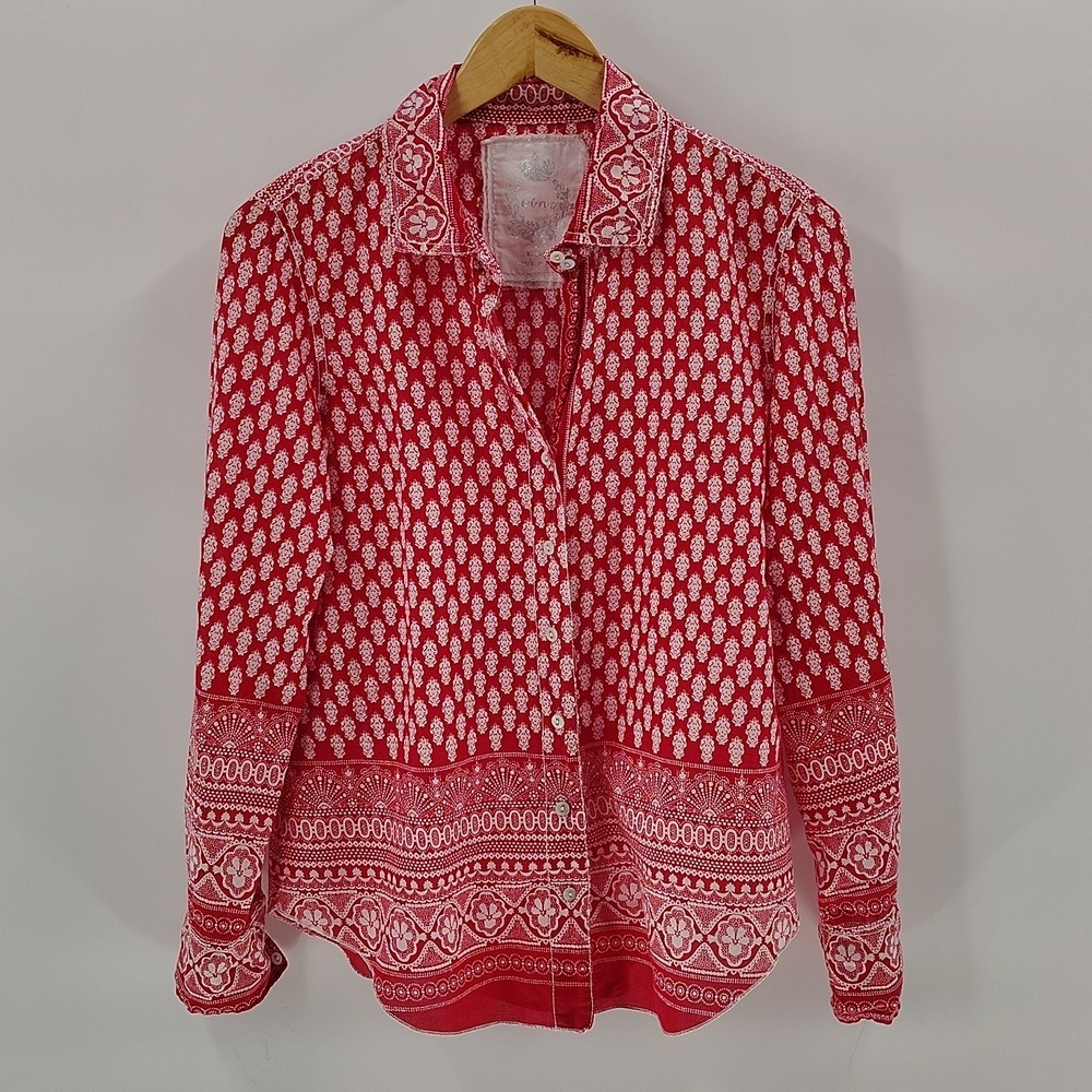 Cino red and white geometric patterned long-sleeve button-up blouse Oversized XS